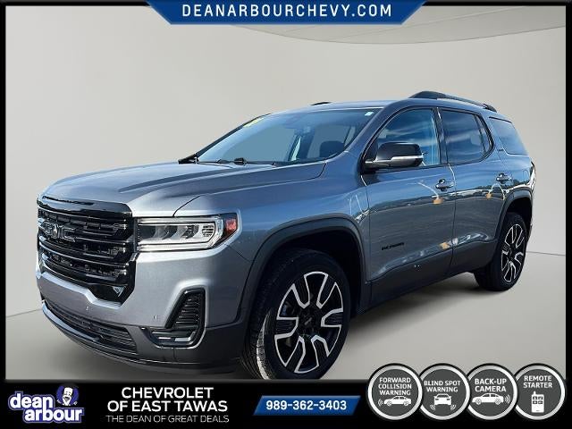 2021 GMC Acadia AWD SLE in Satin Steel Metallic — front three-quarter view